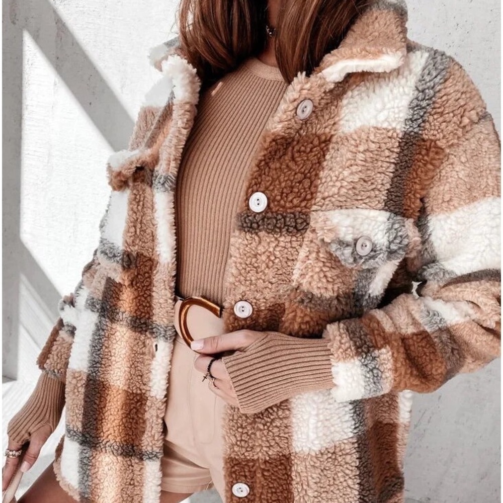 Women's fleece Plaid Jacket Coats Button Down Lapel Sherpa Shacket Outwear